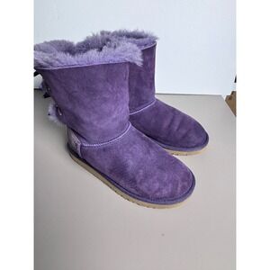 UGG Australia Purple Suede Sheepskin‎ Bow Boots Size Girls 5 Women's 7